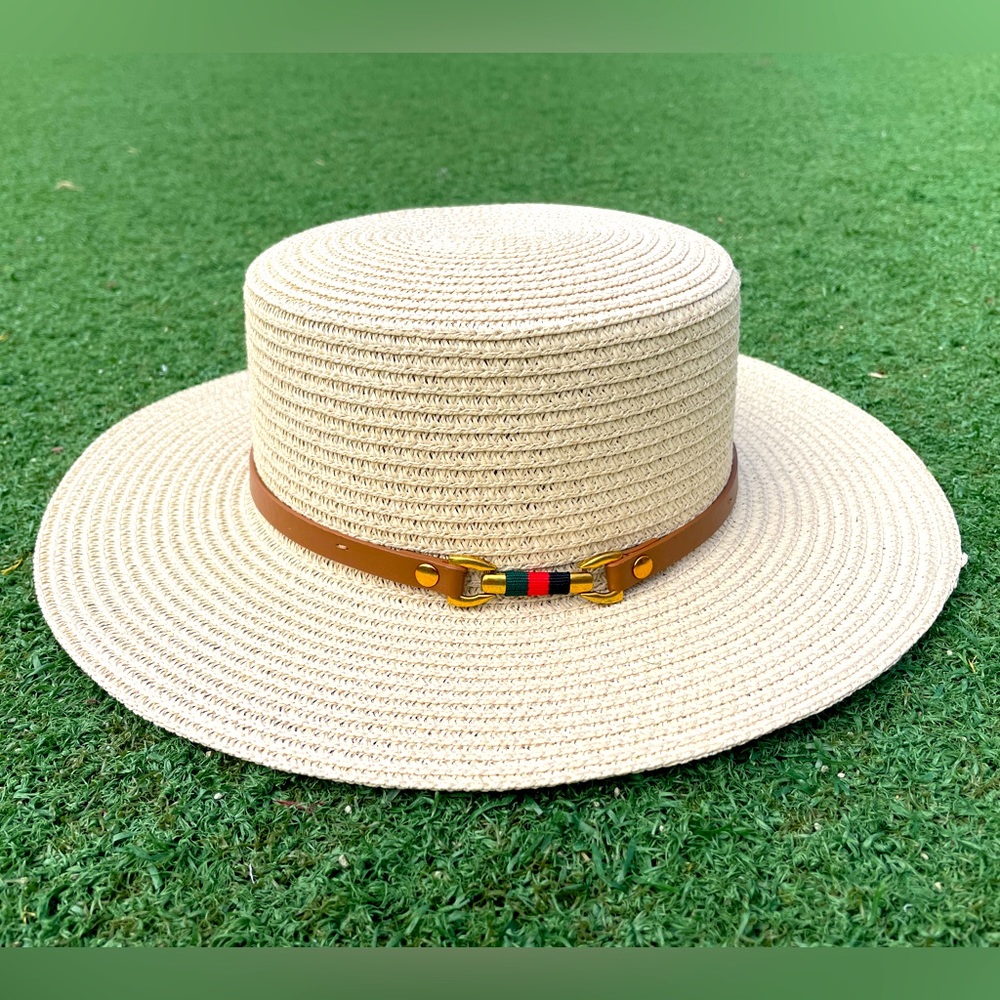NWT DESIGNER STYLE SPRING PANAMA STRAW HAT W/ HORSE BIT BELT HARDWARE